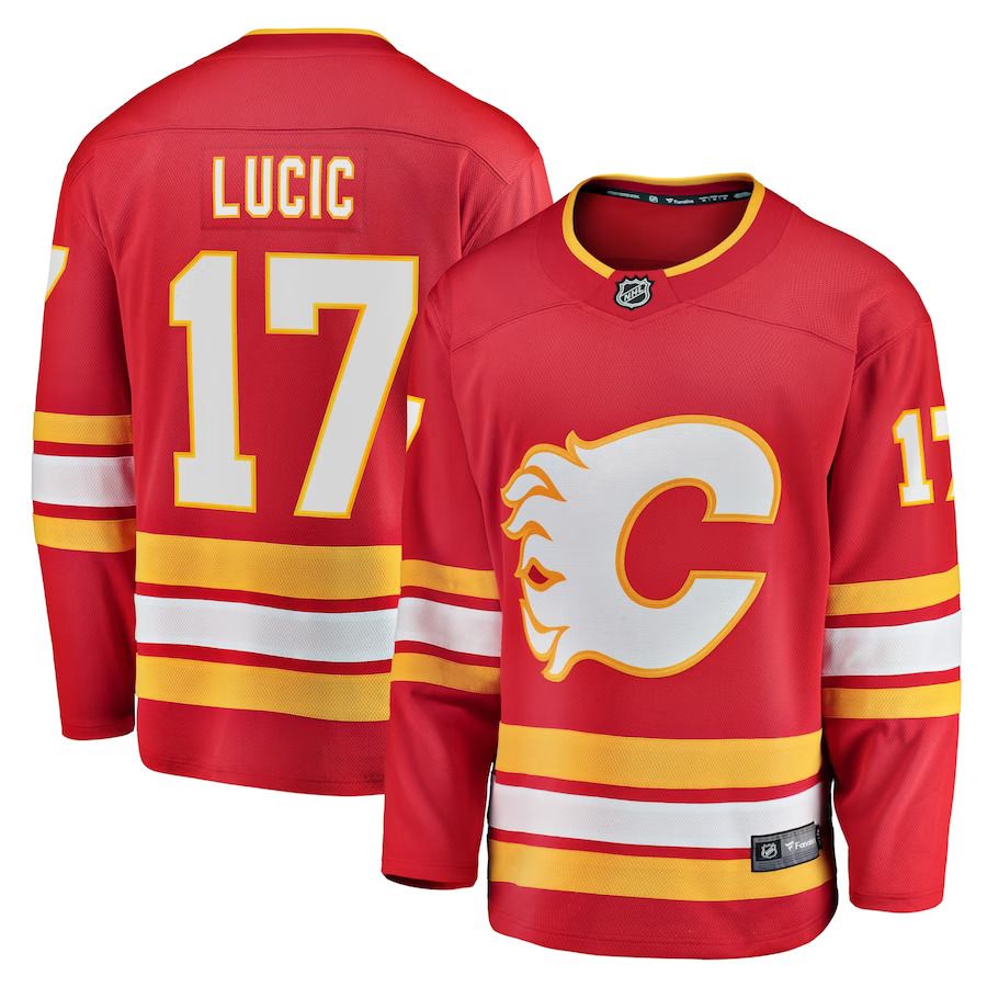 Men Calgary Flames 17 Milan Lucic Fanatics Branded Red Home Breakaway Player NHL Jersey